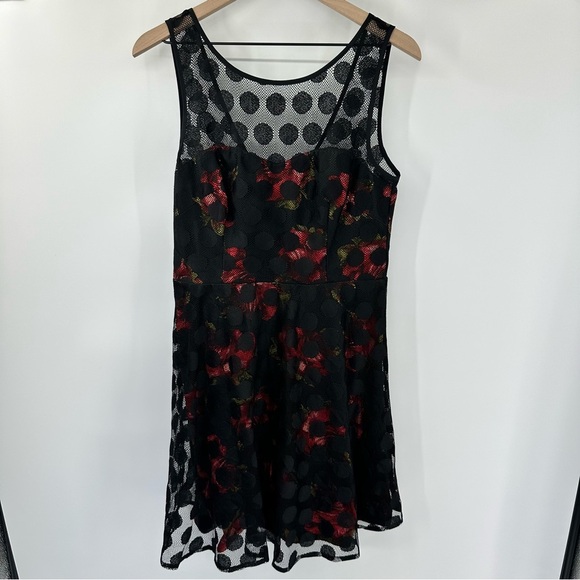 Betsey Johnson 10 Dress Floral Polka Dot Retro Rose Fit & Flare Mini Mesh Lace - Picture 2 of 11